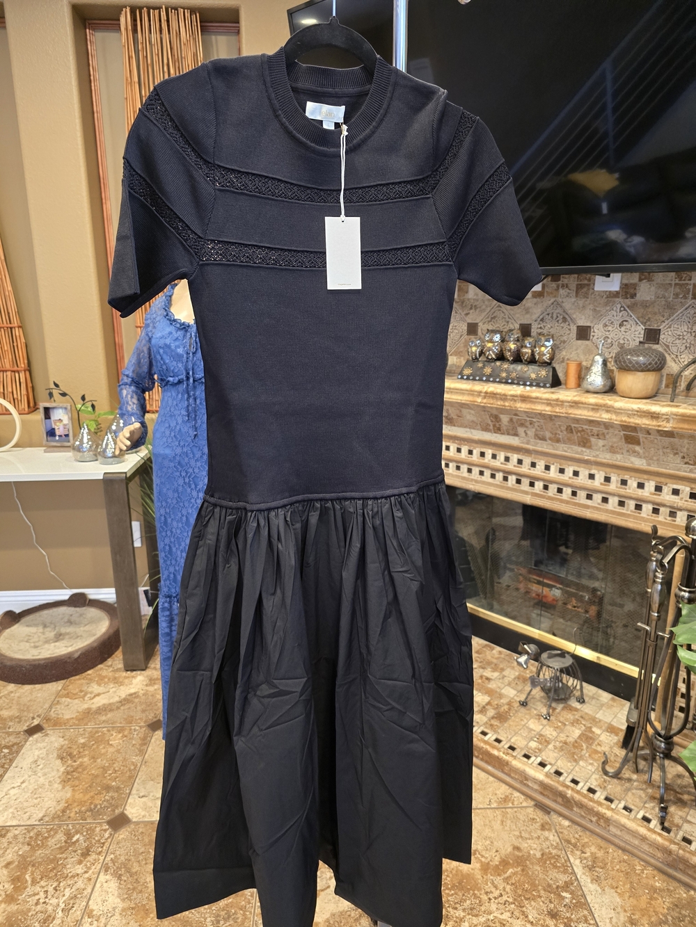 Elan Black Midi Dress with Knit Bodice and Gathered Skirt
